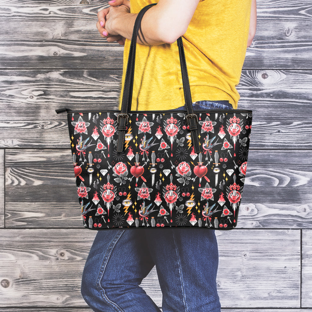 Watercolor Tattoo Print Leather Tote Bag