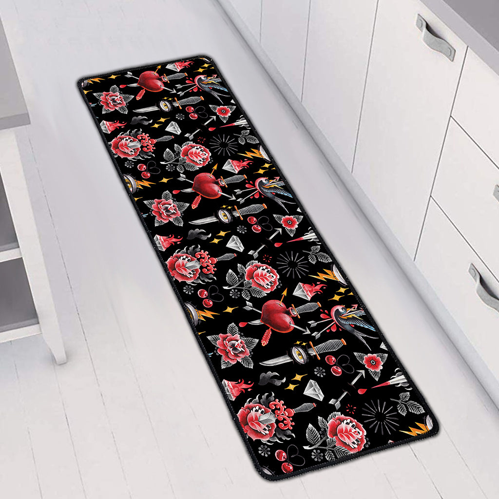 Watercolor Tattoo Print Long Kitchen Mat