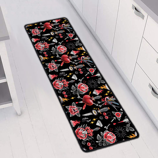 Watercolor Tattoo Print Long Kitchen Mat
