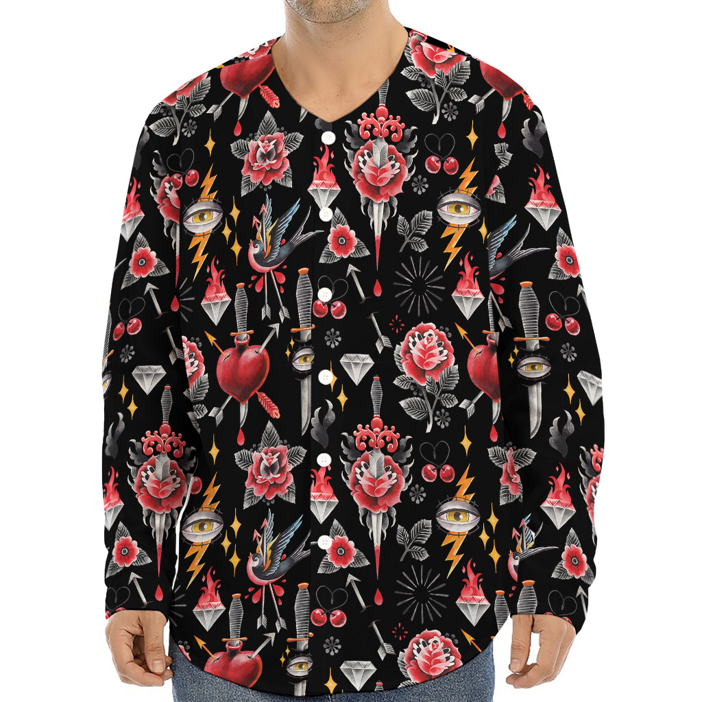 Watercolor Tattoo Print Long Sleeve Baseball Jersey