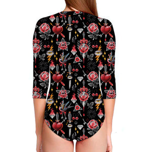 Watercolor Tattoo Print Long Sleeve Swimsuit