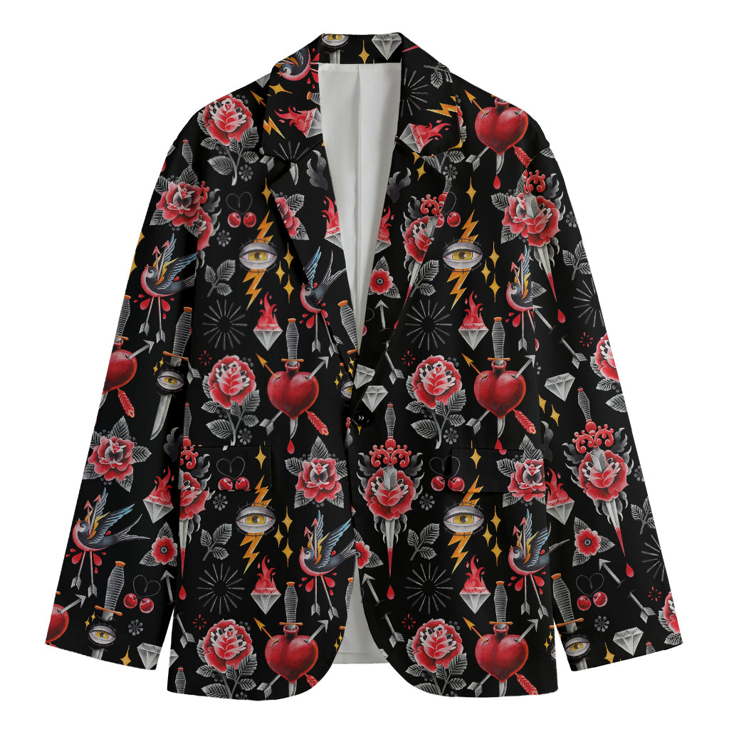 Watercolor Tattoo Print Men's Blazer