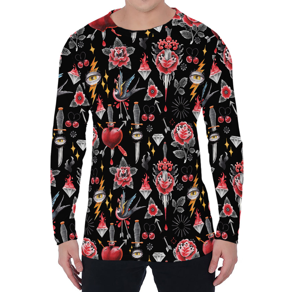 Watercolor Tattoo Print Men's Long Sleeve T-Shirt