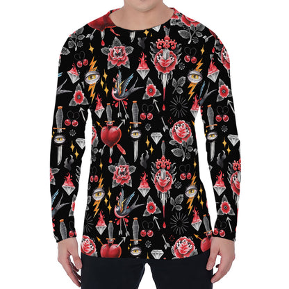 Watercolor Tattoo Print Men's Long Sleeve T-Shirt