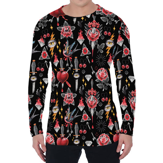 Watercolor Tattoo Print Men's Long Sleeve T-Shirt