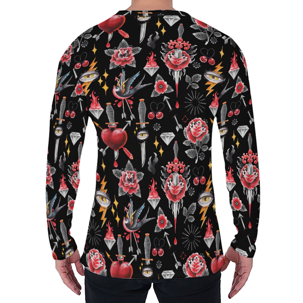 Watercolor Tattoo Print Men's Long Sleeve T-Shirt