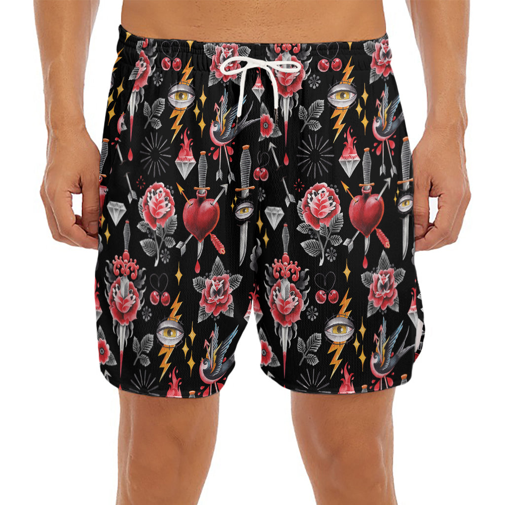 Watercolor Tattoo Print Men's Split Running Shorts