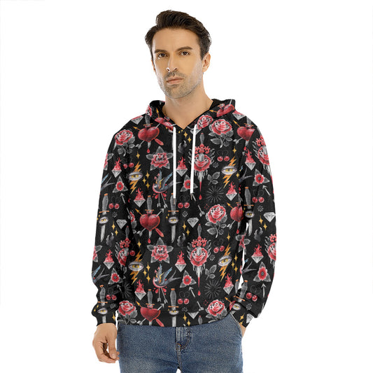 Watercolor Tattoo Print Men's Velvet Pullover Hoodie