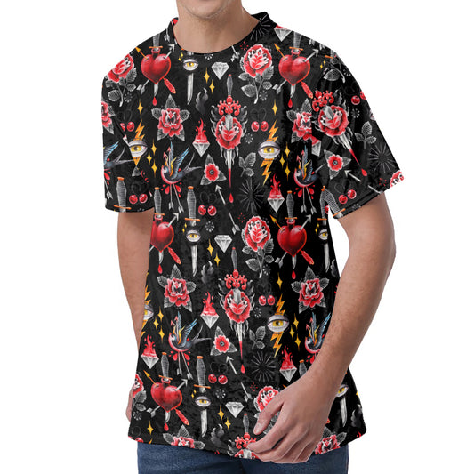 Watercolor Tattoo Print Men's Velvet T-Shirt