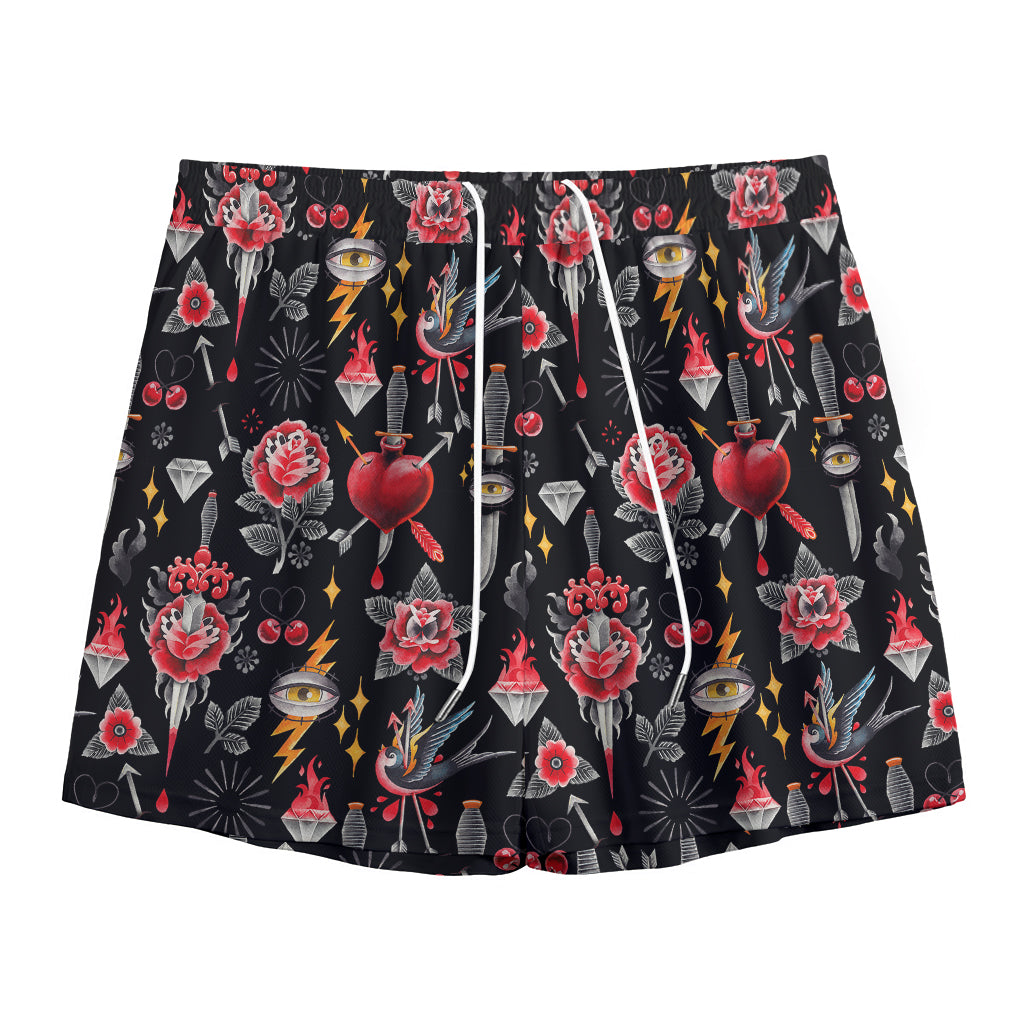 Watercolor Tattoo Print Mesh Shorts