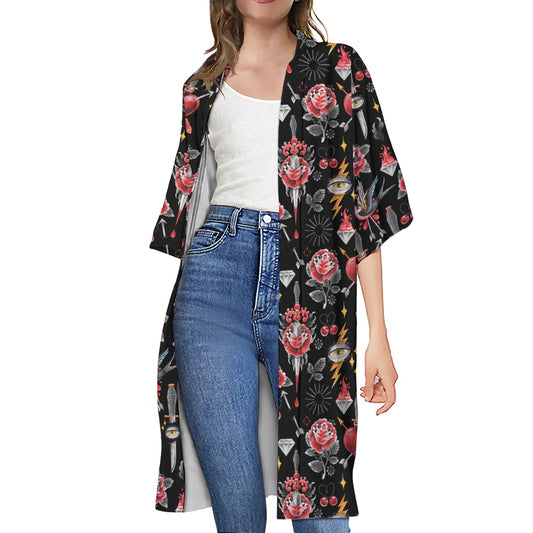 Watercolor Tattoo Print Open Front Beach Cover Up