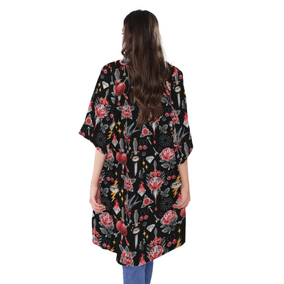 Watercolor Tattoo Print Open Front Beach Cover Up