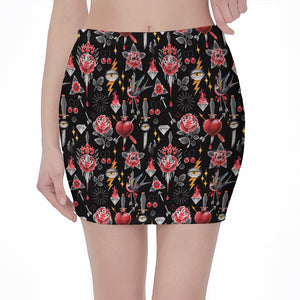 Watercolor Tattoo Print Pencil Mini Skirt