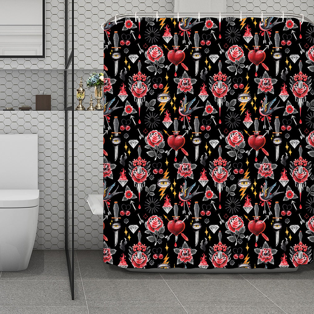 Watercolor Tattoo Print Polyester Shower Curtain
