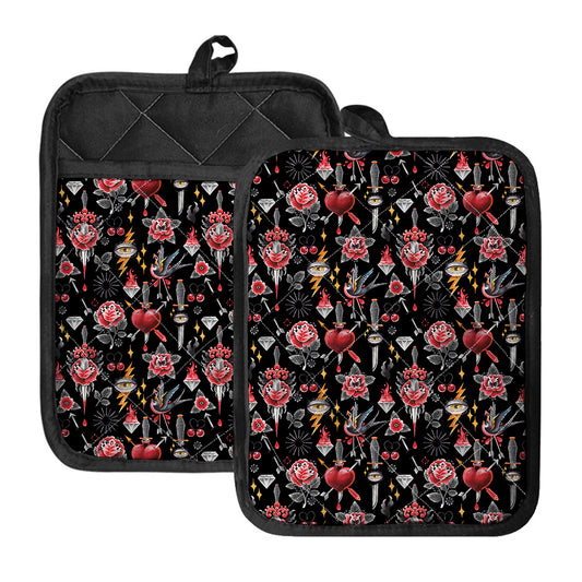 Watercolor Tattoo Print Pot Holders With Pocket