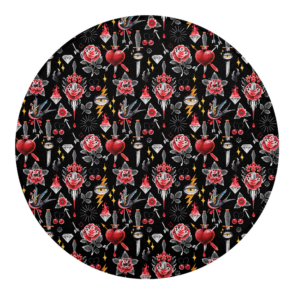 Watercolor Tattoo Print Round Blanket