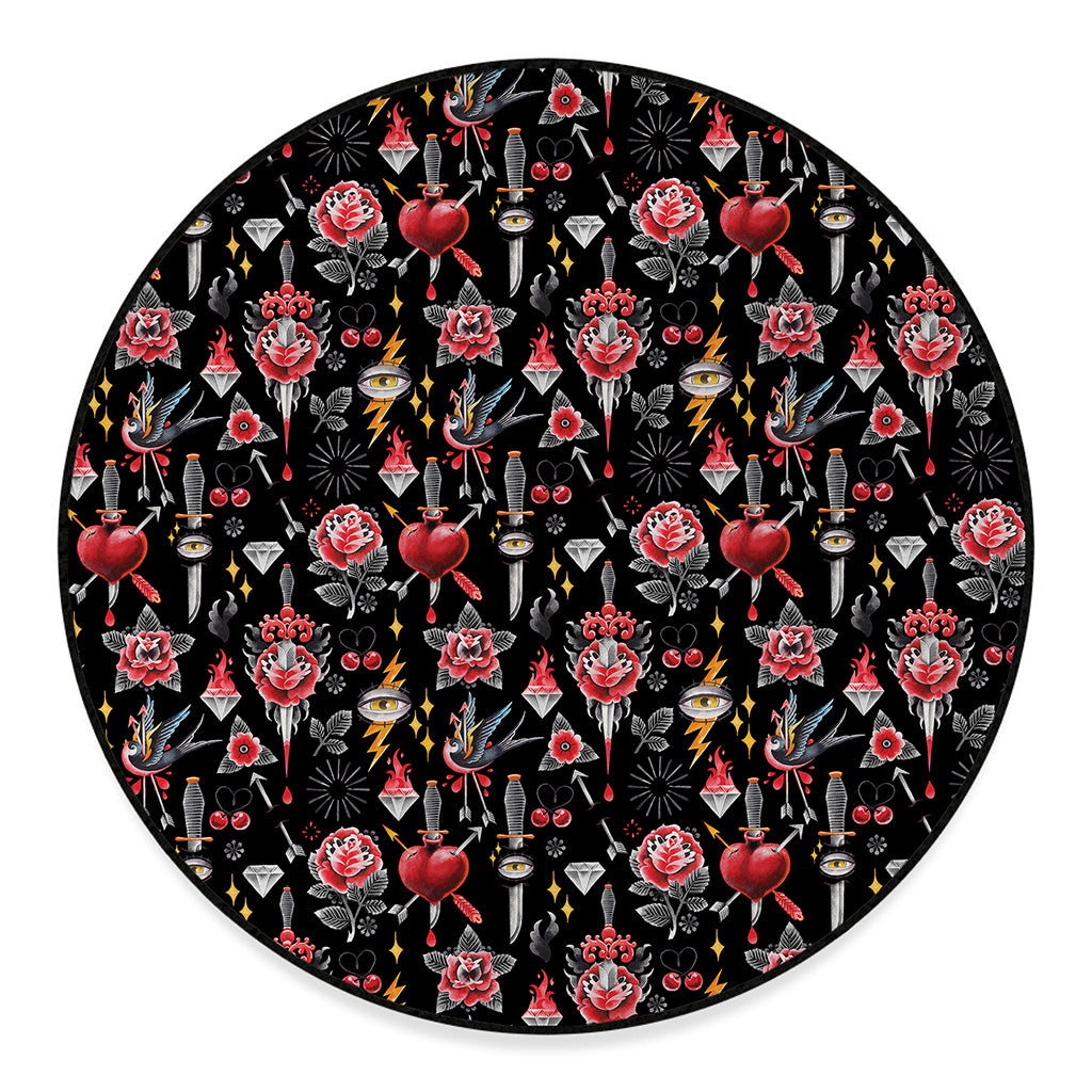 Watercolor Tattoo Print Round Floor Mat
