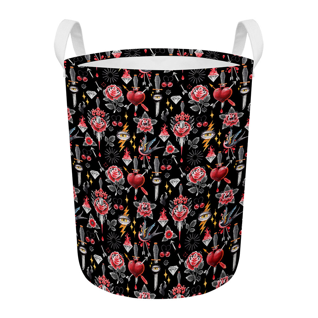 Watercolor Tattoo Print Round Laundry Basket