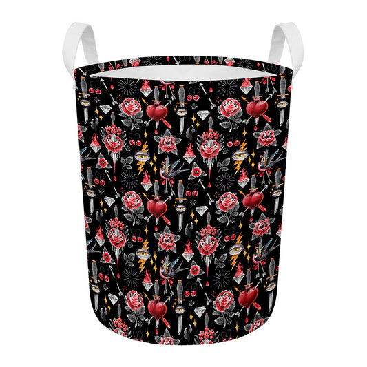 Watercolor Tattoo Print Round Laundry Basket