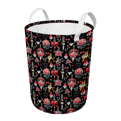 Watercolor Tattoo Print Round Laundry Basket