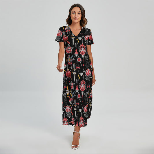 Watercolor Tattoo Print Short Sleeve Maxi Dress