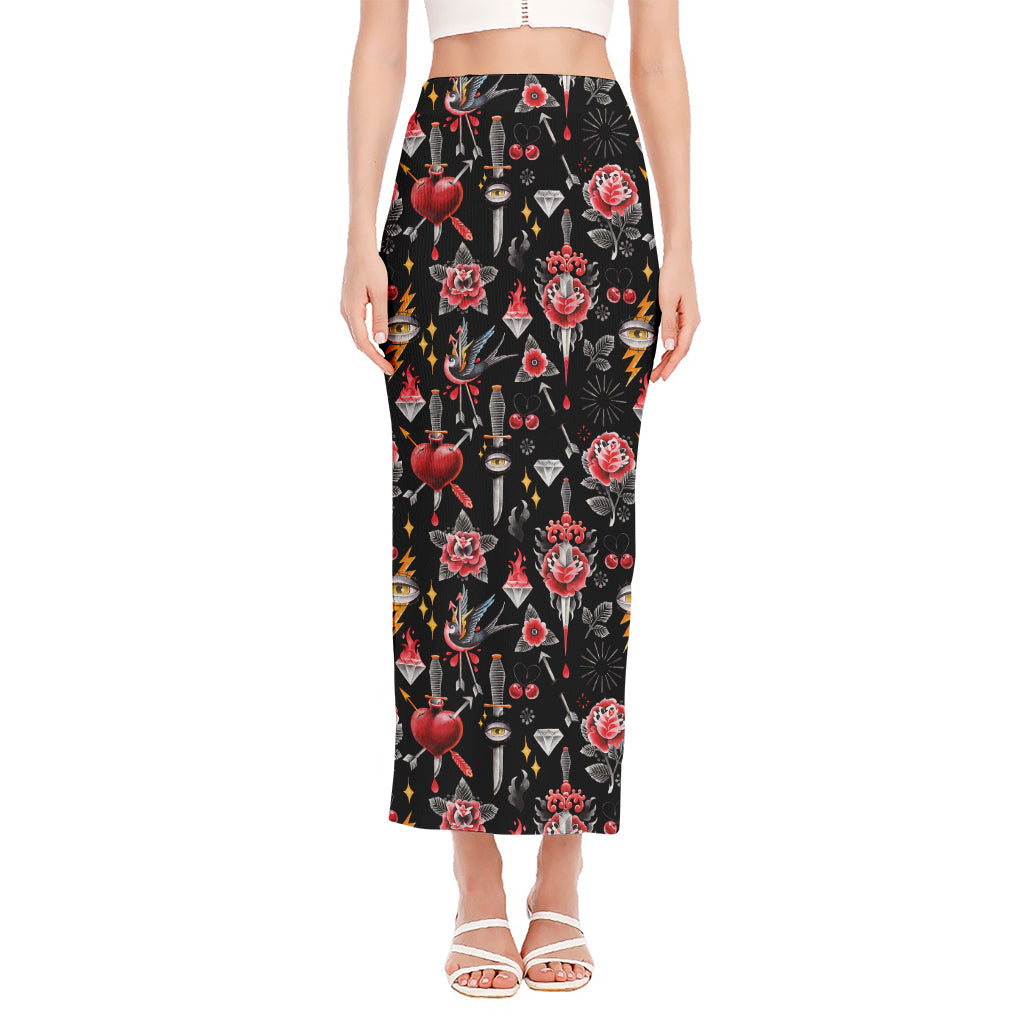 Watercolor Tattoo Print Side Slit Maxi Skirt