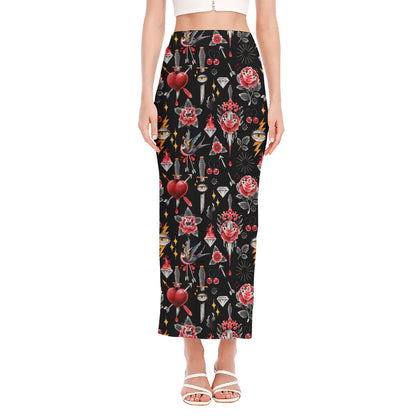 Watercolor Tattoo Print Side Slit Maxi Skirt