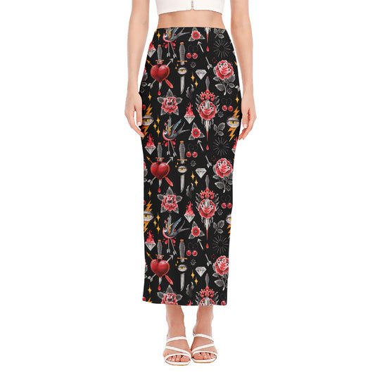 Watercolor Tattoo Print Side Slit Maxi Skirt