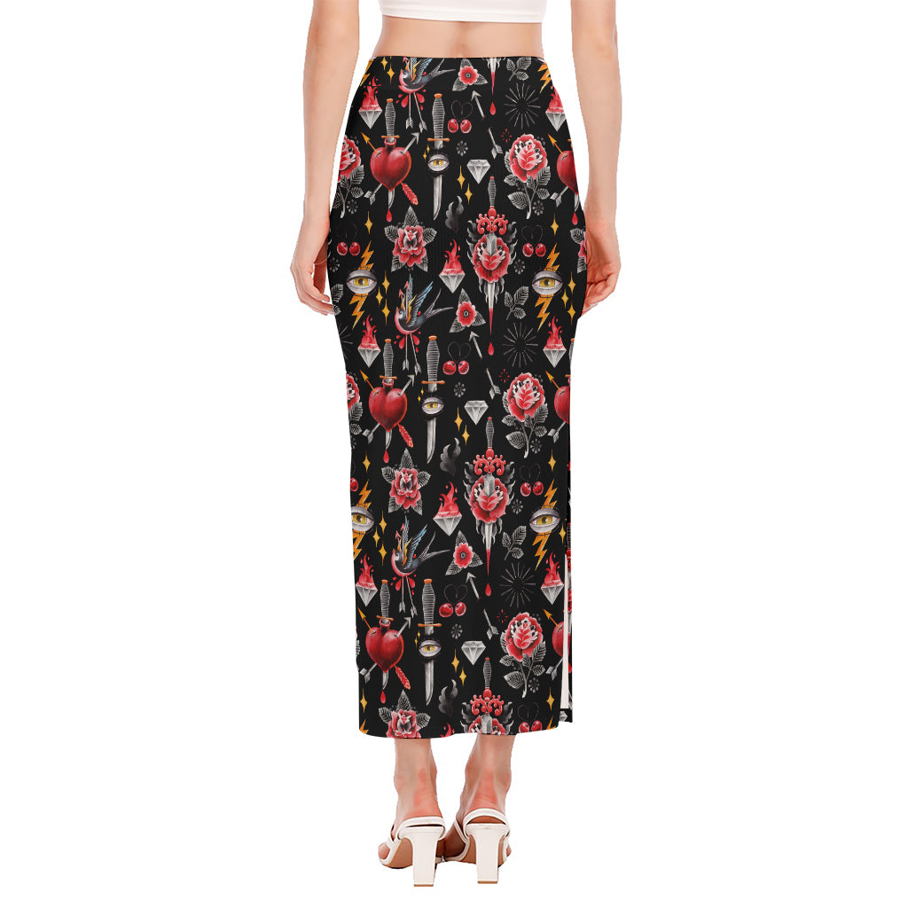 Watercolor Tattoo Print Side Slit Maxi Skirt