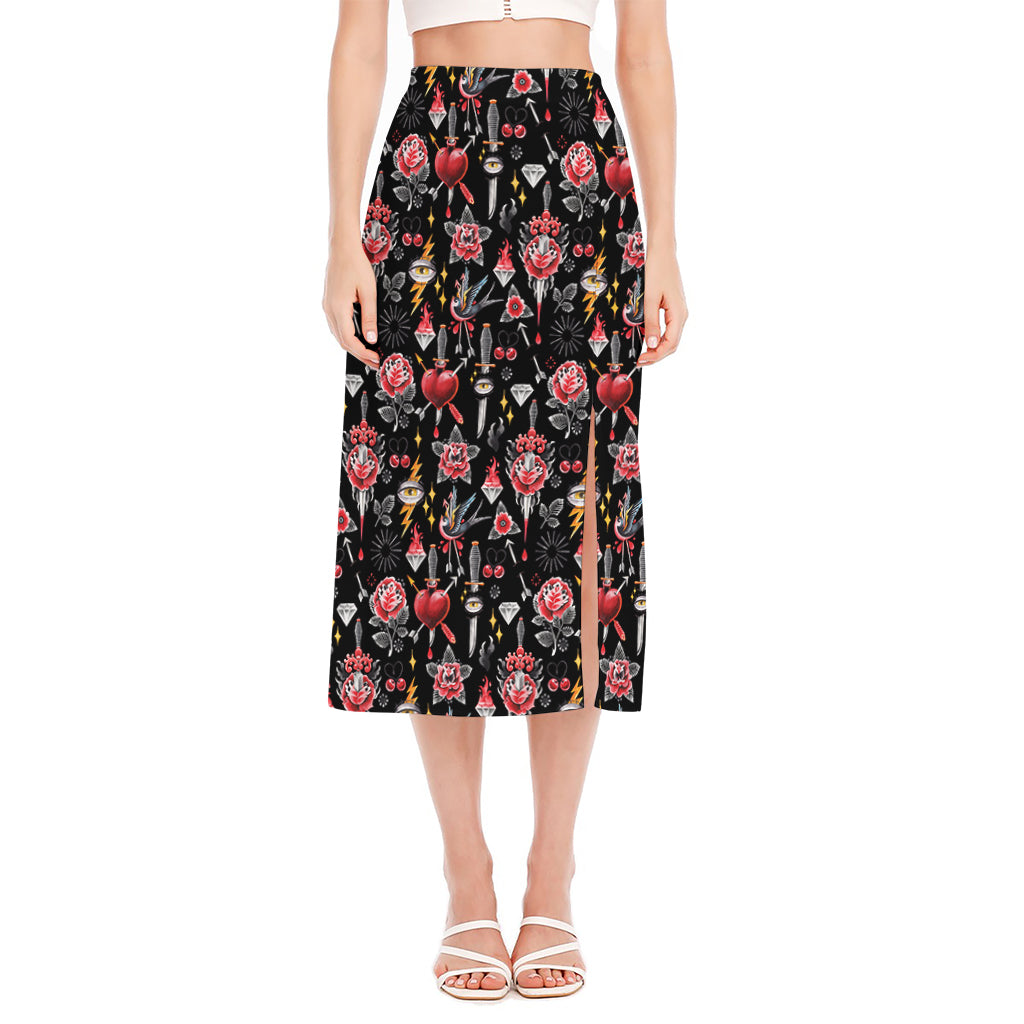 Watercolor Tattoo Print Side Slit Midi Skirt
