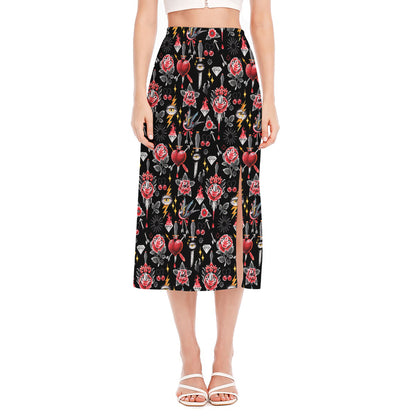Watercolor Tattoo Print Side Slit Midi Skirt