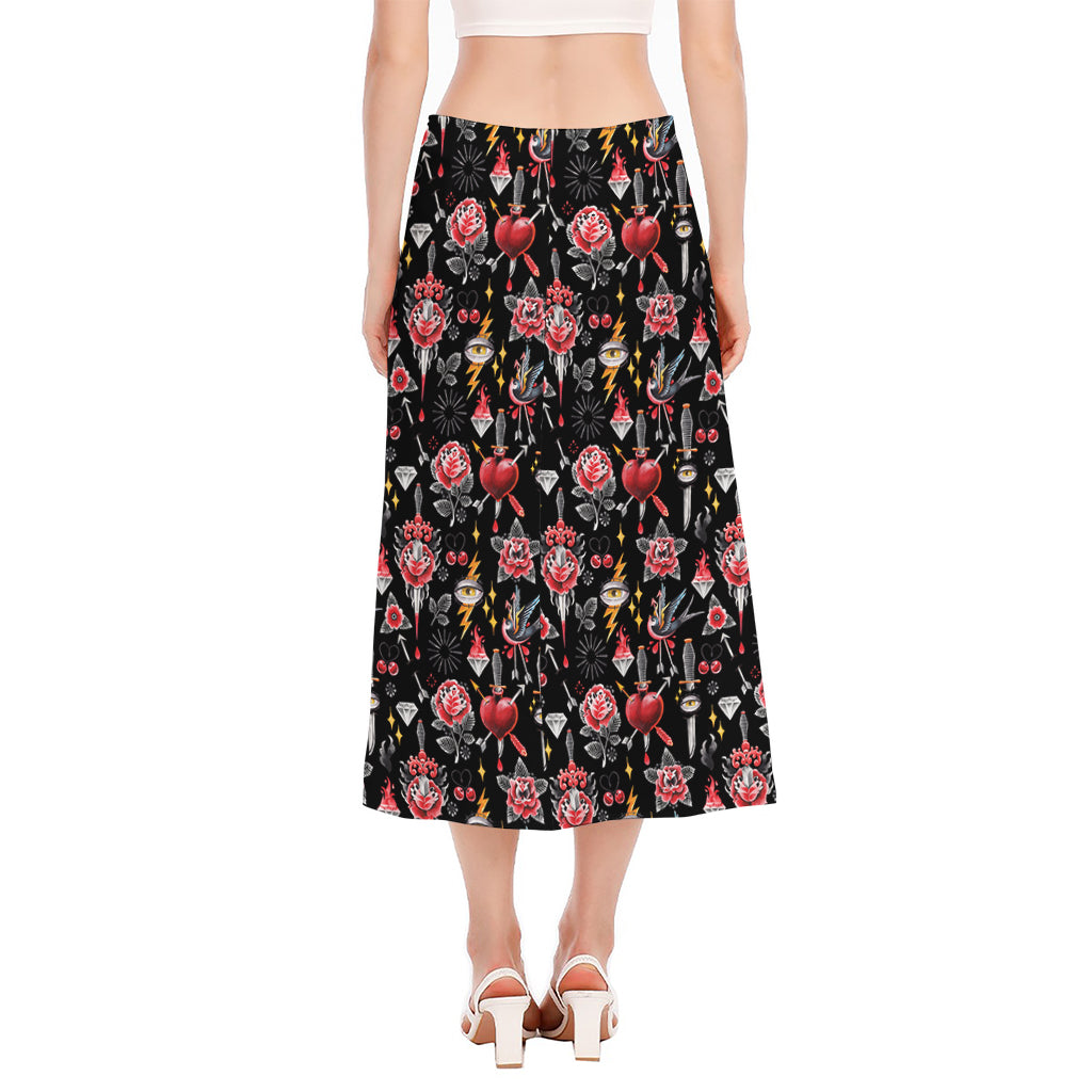 Watercolor Tattoo Print Side Slit Midi Skirt