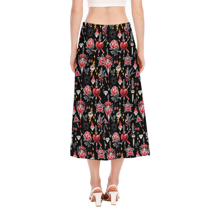 Watercolor Tattoo Print Side Slit Midi Skirt