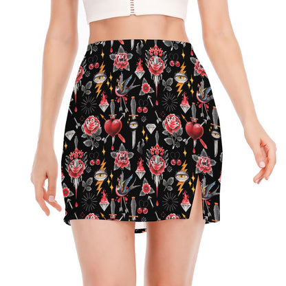 Watercolor Tattoo Print Side Slit Mini Skirt