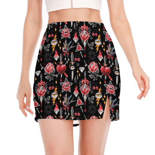 Watercolor Tattoo Print Side Slit Mini Skirt