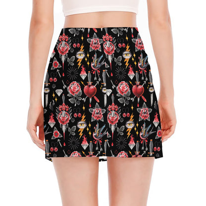 Watercolor Tattoo Print Side Slit Mini Skirt