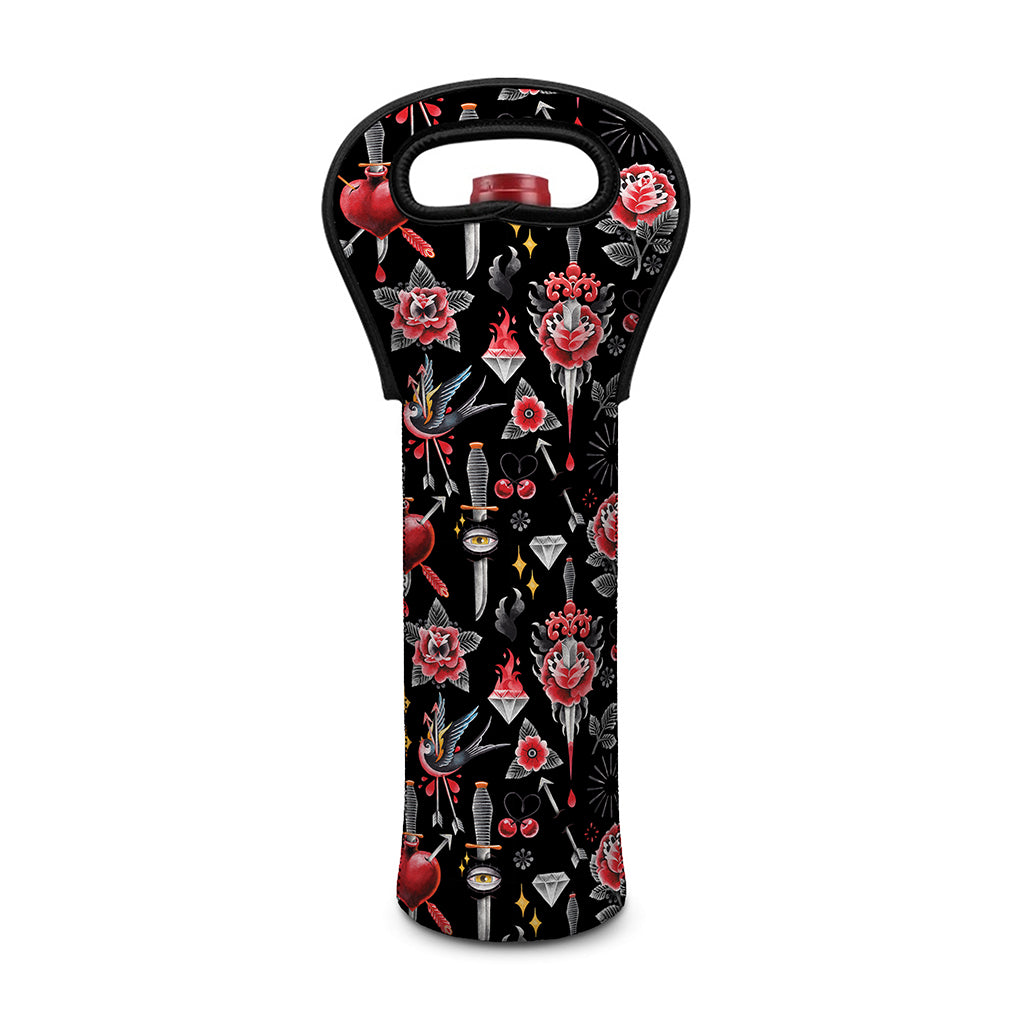 Watercolor Tattoo Print Single Neoprene Wine Tote