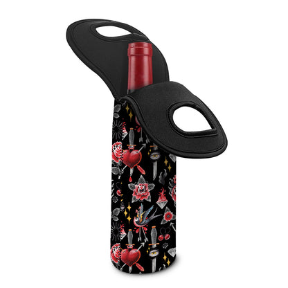Watercolor Tattoo Print Single Neoprene Wine Tote