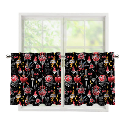 Watercolor Tattoo Print Tier Curtains