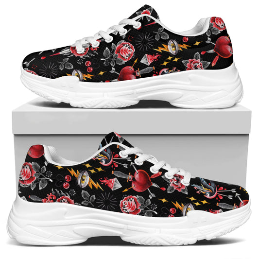 Watercolor Tattoo Print White Chunky Shoes