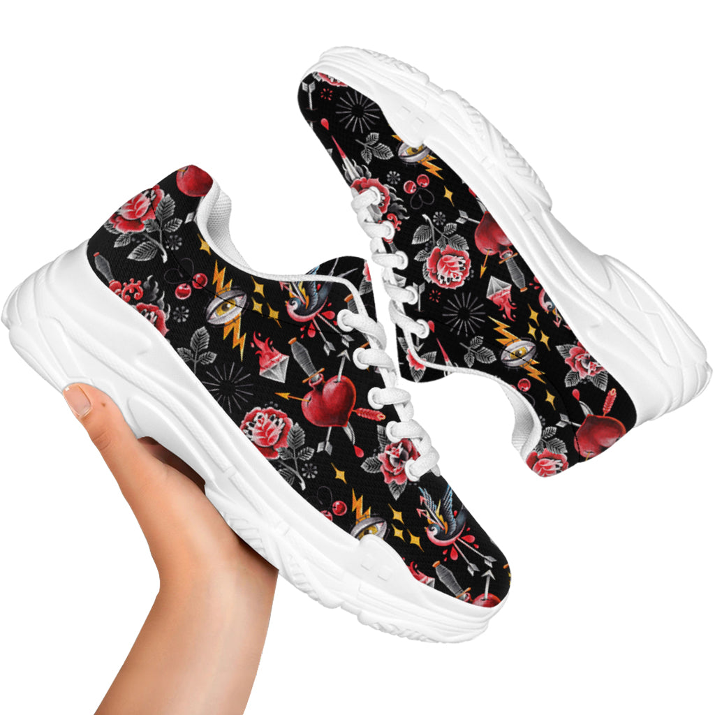 Watercolor Tattoo Print White Chunky Shoes