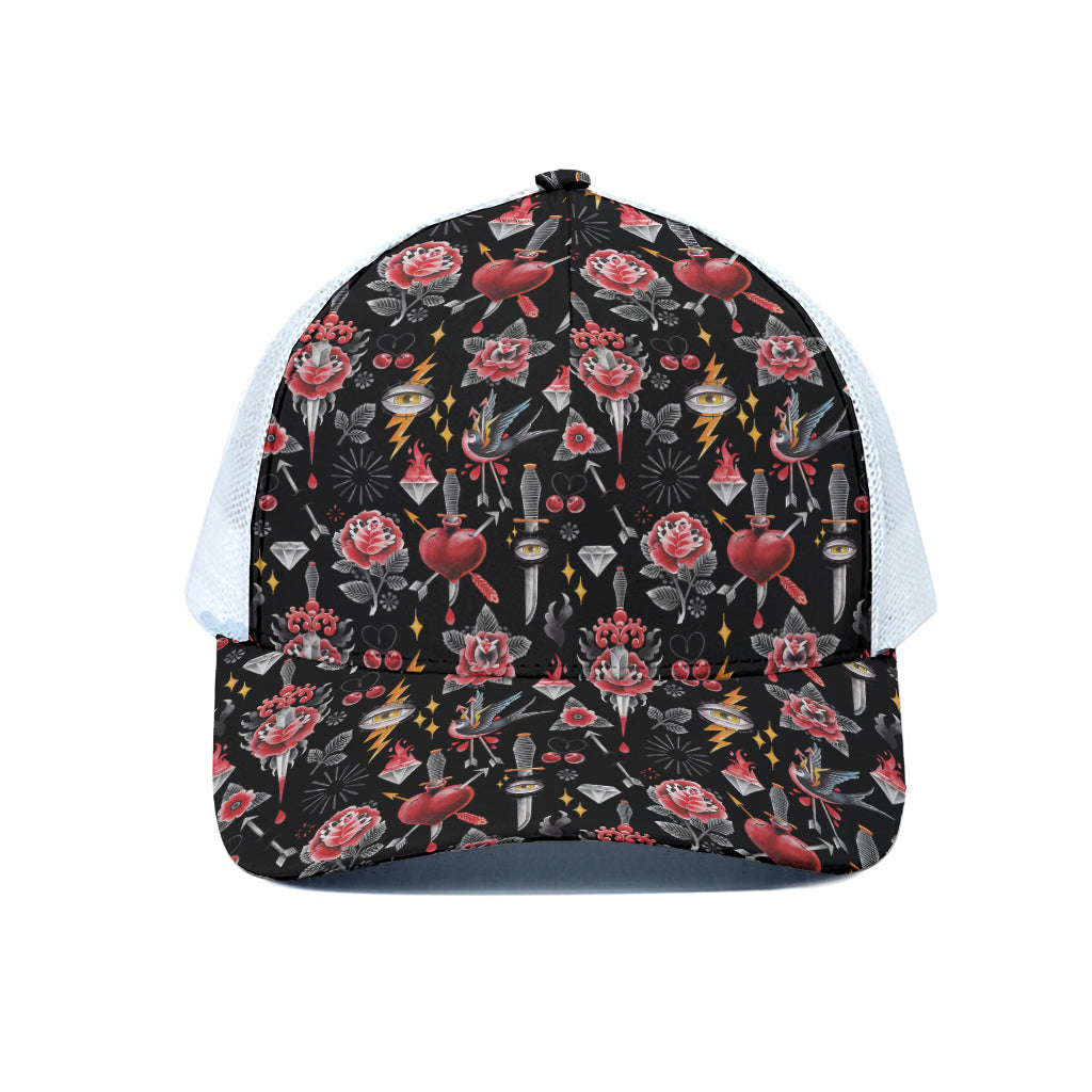 Watercolor Tattoo Print White Mesh Trucker Cap