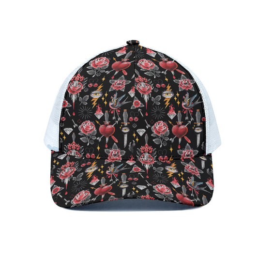 Watercolor Tattoo Print White Mesh Trucker Cap