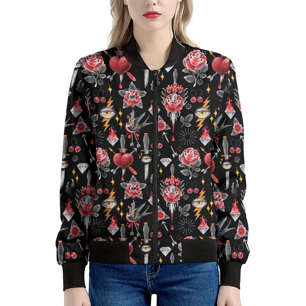 Watercolor Tattoo Print Women's Bomber Jacket