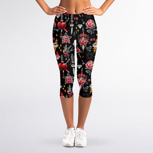 Watercolor Tattoo Print Women's Capri Leggings