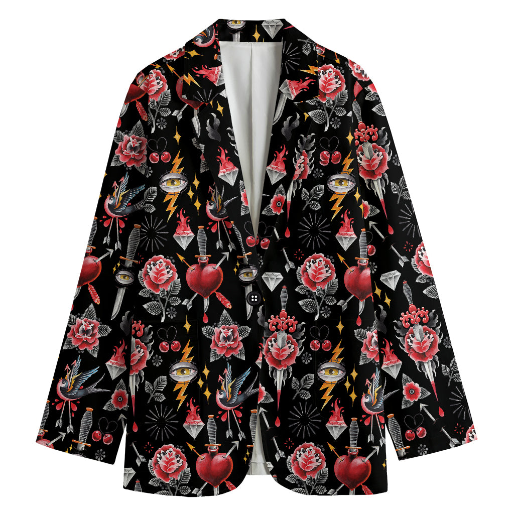 Watercolor Tattoo Print Women's Cotton Blazer