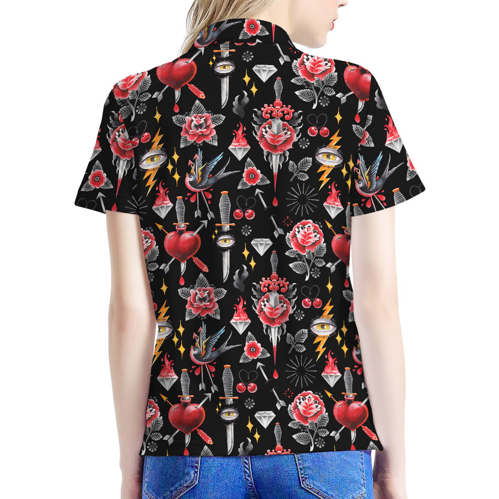 Watercolor Tattoo Print Women's Polo Shirt