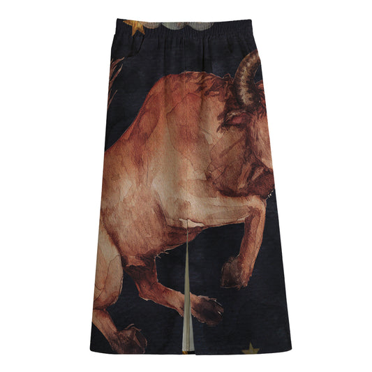 Watercolor Taurus Zodiac Sign Print Cotton Front Slit Maxi Skirt