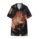 Watercolor Taurus Zodiac Sign Print Cotton Hawaiian Shirt