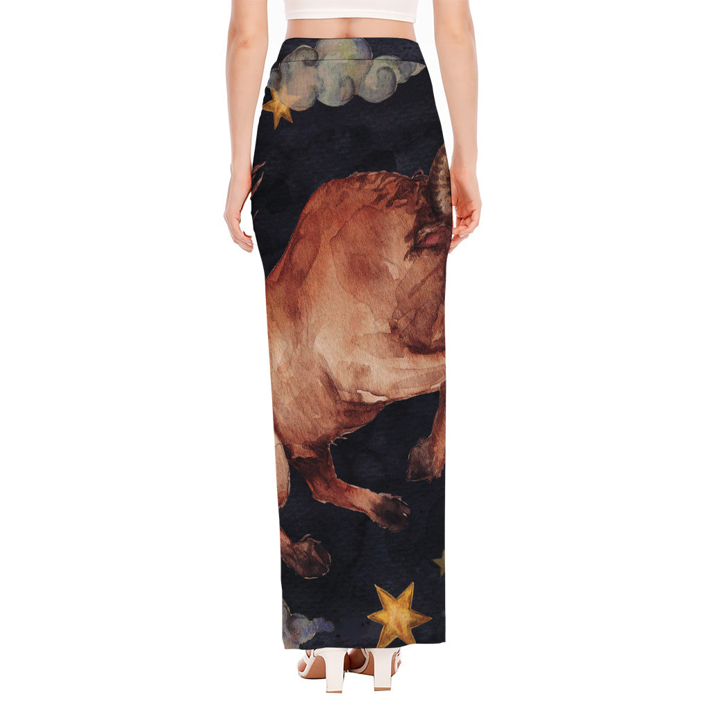 Watercolor Taurus Zodiac Sign Print High Slit Maxi Skirt